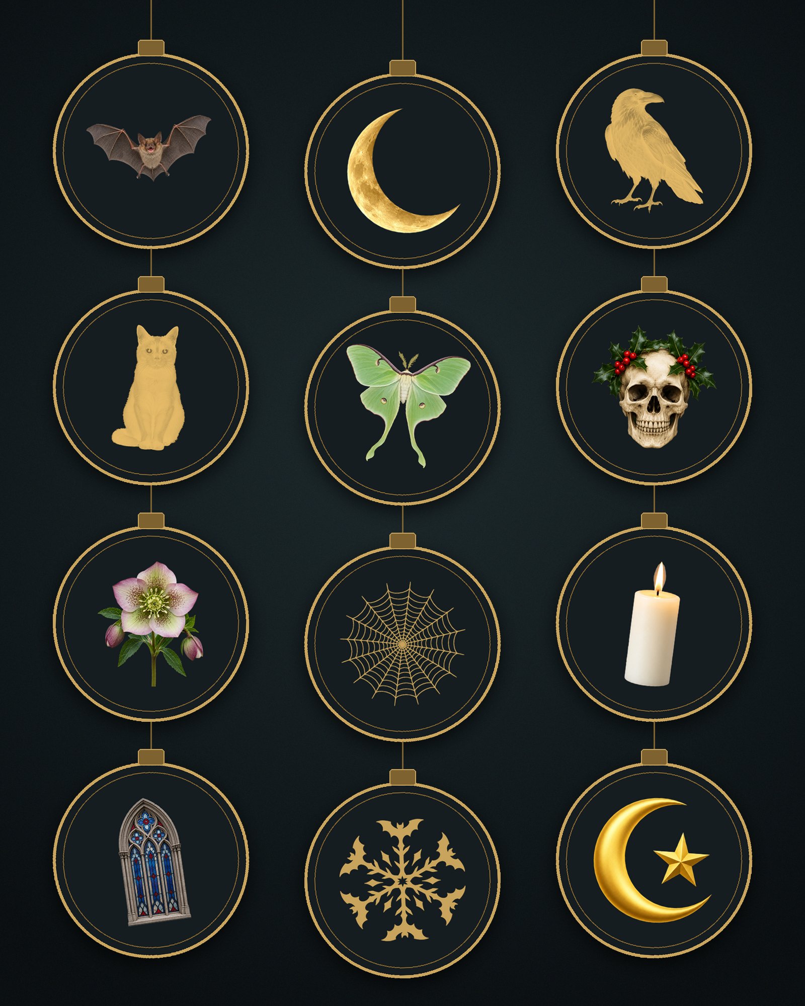 Black Tree Ornaments — 12 Printable Paper Ornaments