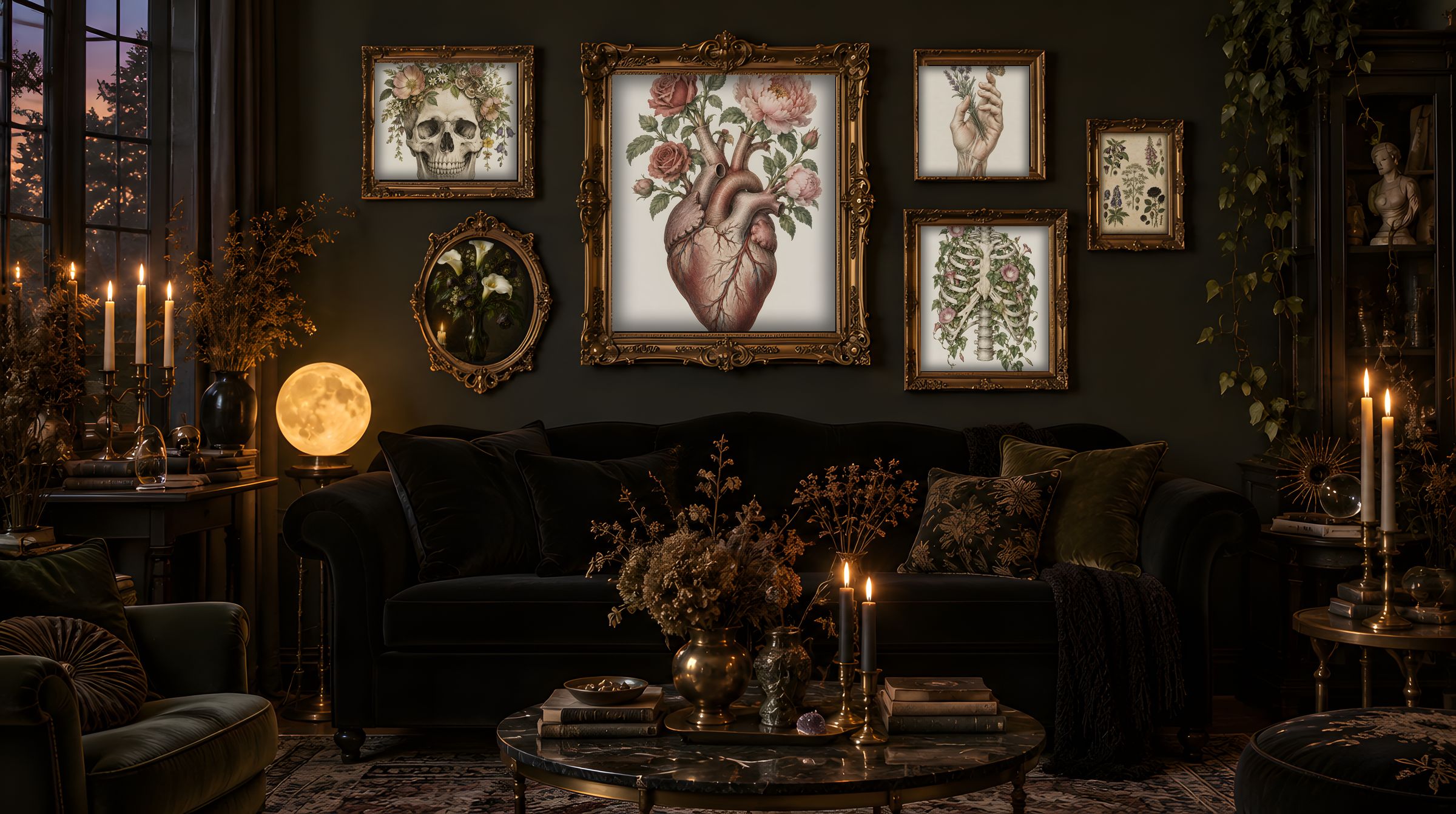 Anatomy of Darkness — 4 Vintage Anatomy Prints hung as a gallery wall above a velvet sofa