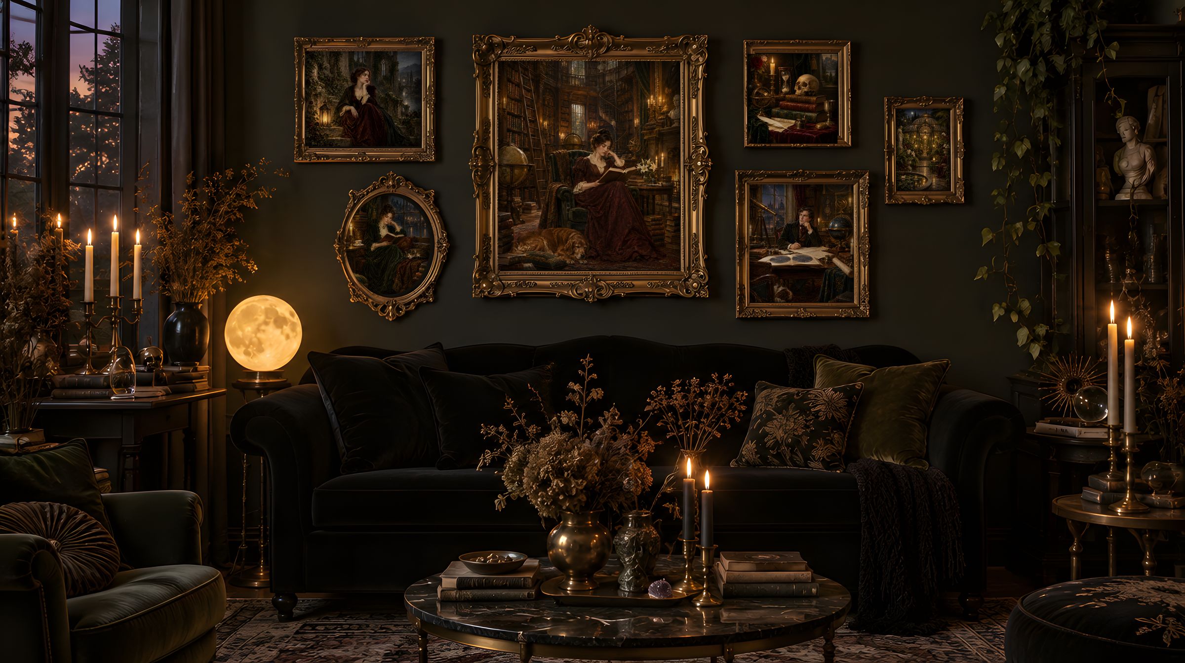 Dark Academia — 6 Library Prints hung as a gallery wall above a velvet sofa