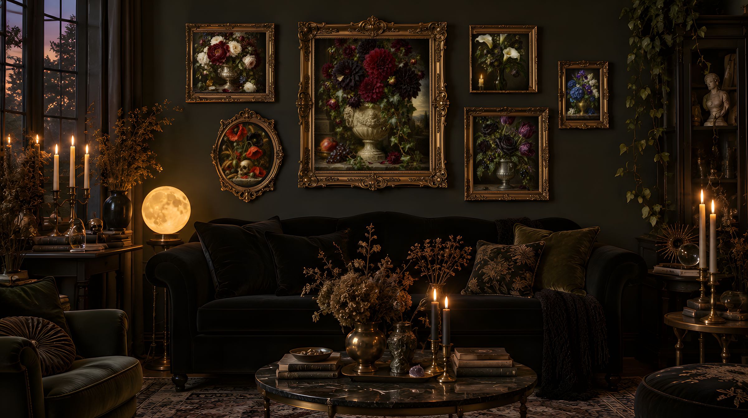 Moody Florals — 6 Dark Floral Prints hung as a gallery wall above a velvet sofa