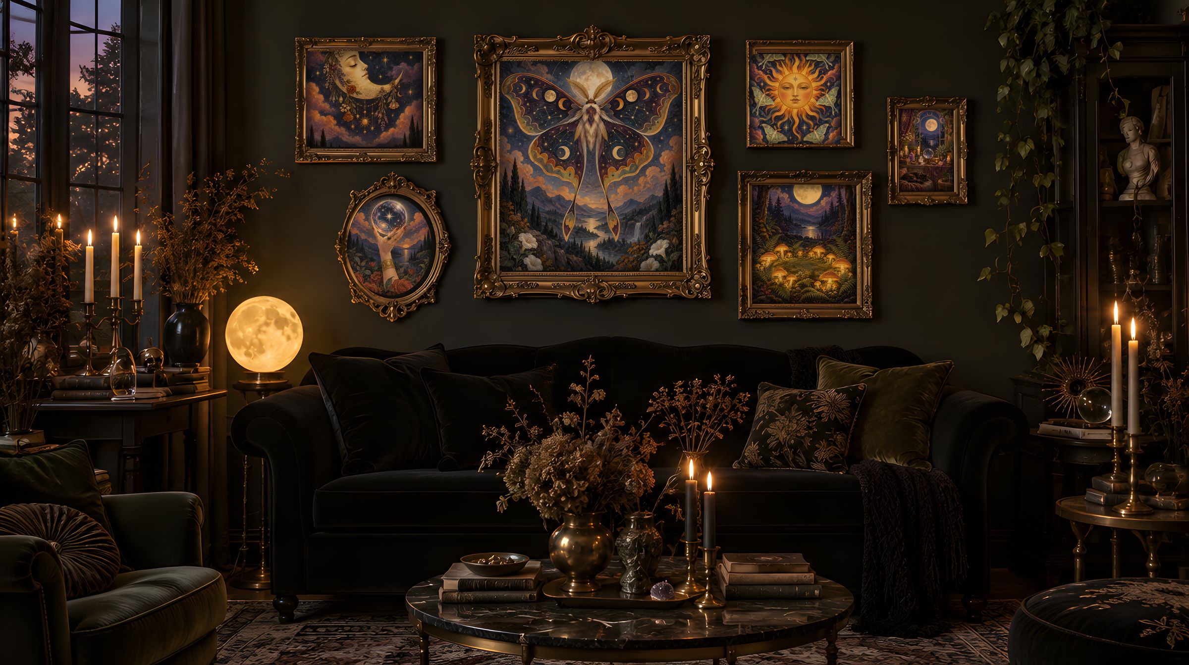 Whimsigoth Celestial — 6-Print Set hung as a gallery wall above a velvet sofa