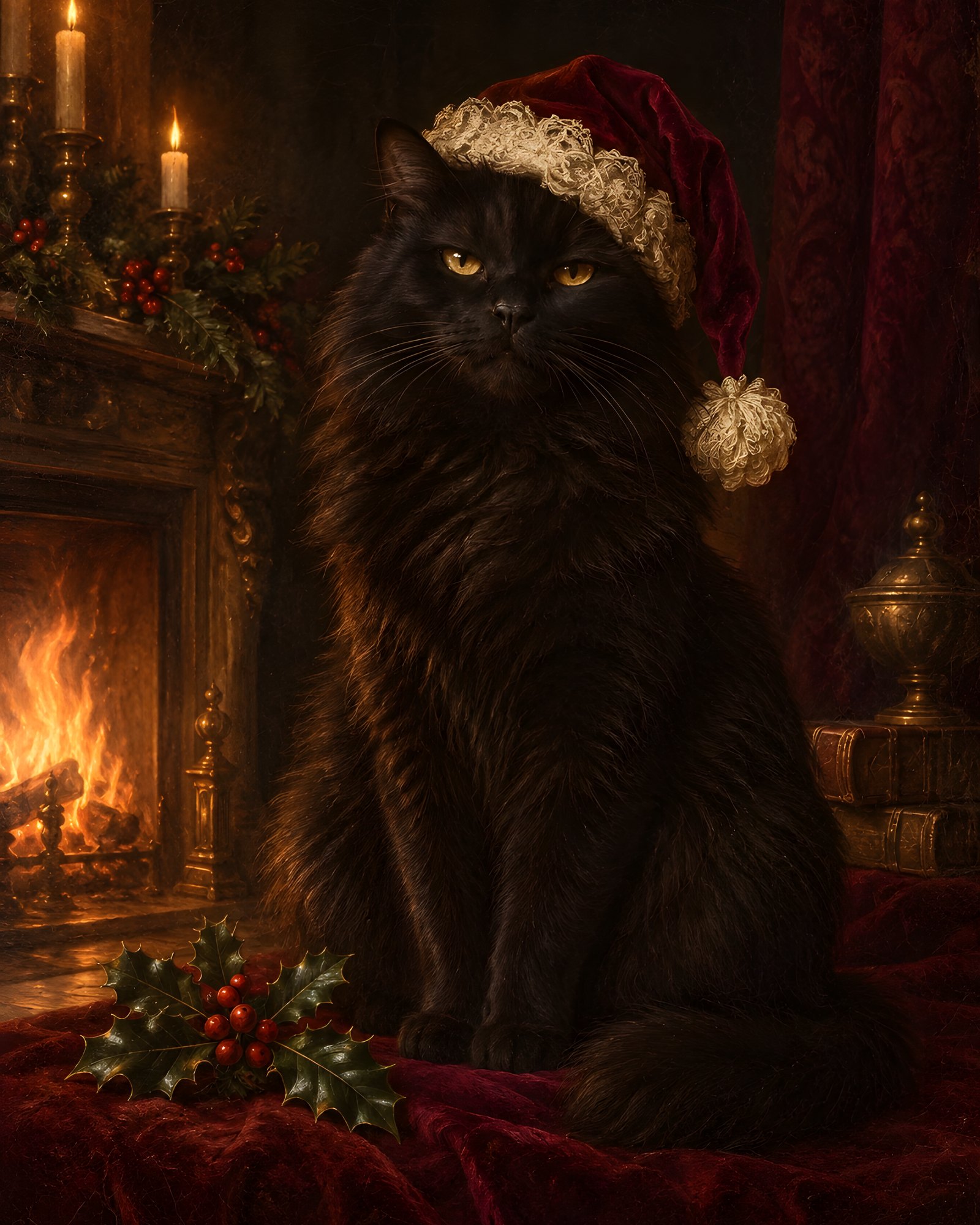 Santa Paws Noir — Black Cat in a Velvet Santa Hat
